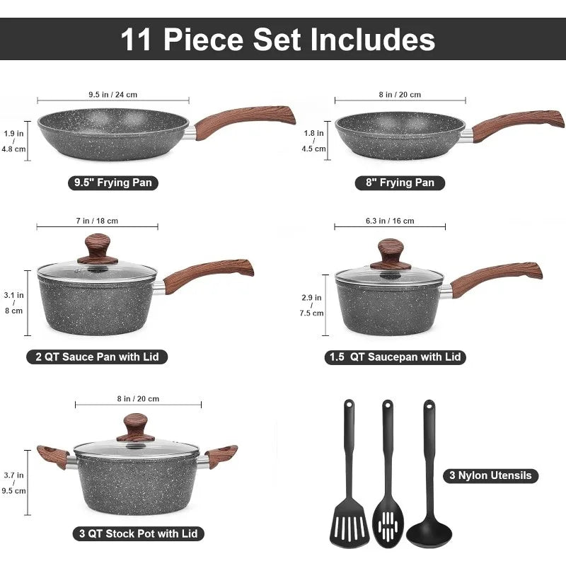 Granite Pots and Pans Set Ultra Nonstick,11 Piece Die-Cast Cookware Sets with Frying Pan, Sauce Pan, Stockpot, Stay Cool Handle