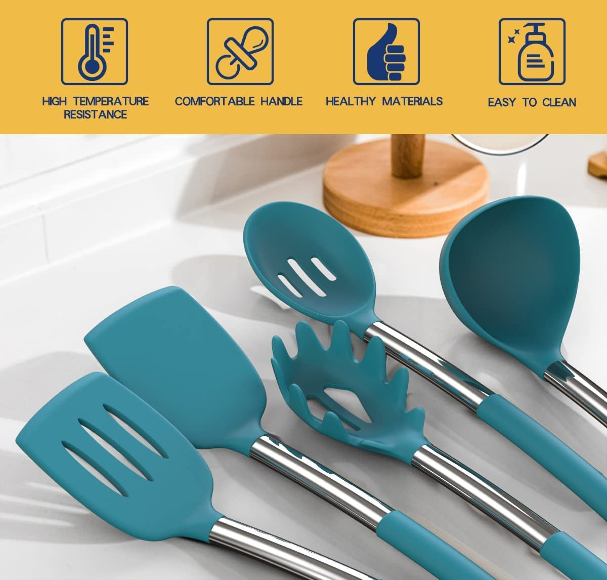 Silicone Cooking Utensil Set,  Non-Stick Kitchen 24 Pcs Cookware, Heat Resistant , Silicone Kitchen Tools Gift with Stainless Steel Handle (Blue-24Pcs）