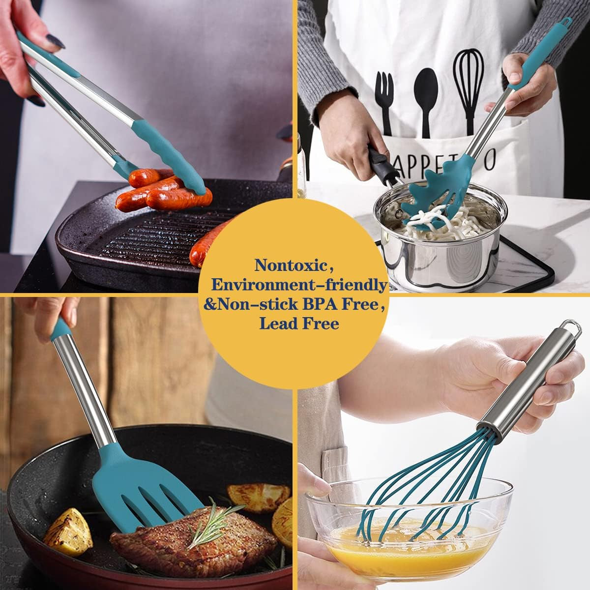 Silicone Cooking Utensil Set,  Non-Stick Kitchen 24 Pcs Cookware, Heat Resistant , Silicone Kitchen Tools Gift with Stainless Steel Handle (Blue-24Pcs）