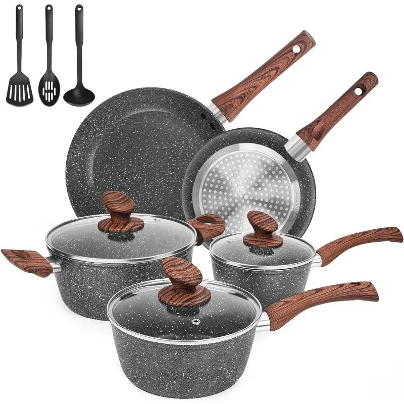 Granite Pots and Pans Set Ultra Nonstick,11 Piece Die-Cast Cookware Sets with Frying Pan, Sauce Pan, Stockpot, Stay Cool Handle